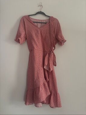 Unique Vintage Dusty Rose Polka Dot Wrap Midi Dress